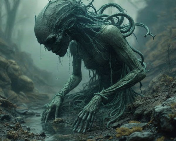 Surreal Humanoid Creature in Misty Forest Setting