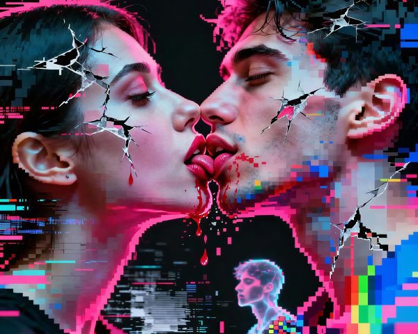 Glitch Art Illustration of Kissing Figures with Distortion