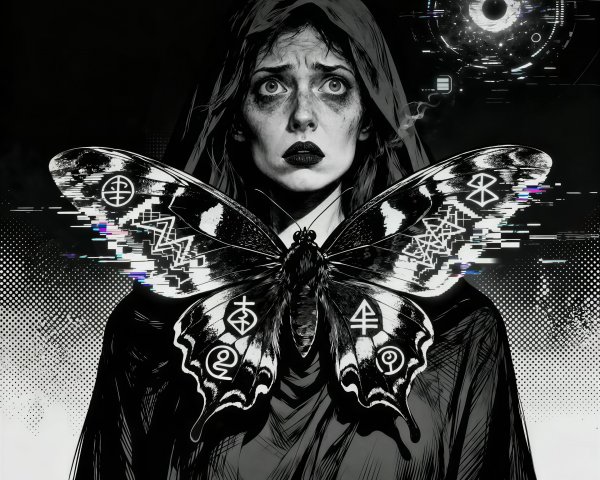 Cinematic Black and White Digital Art of Moth and Cloak