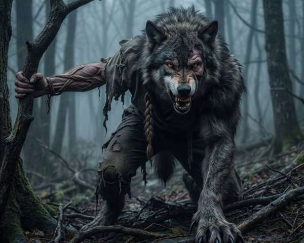 Werewolf Transformation in a Misty Dark Forest