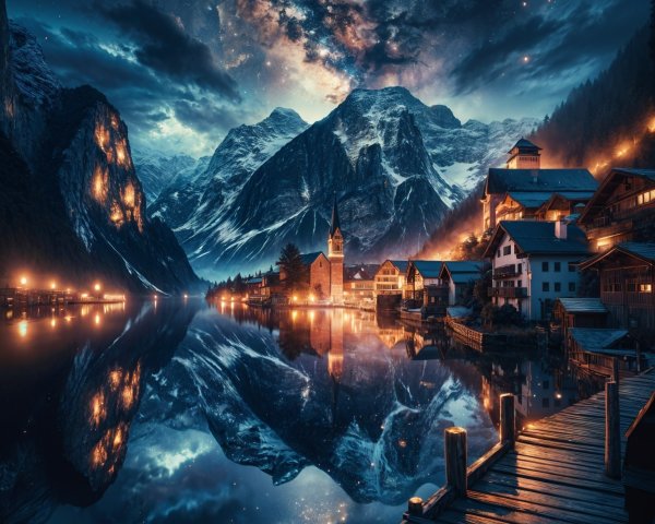Serene Village by Lake with Mountains and Starry Sky
