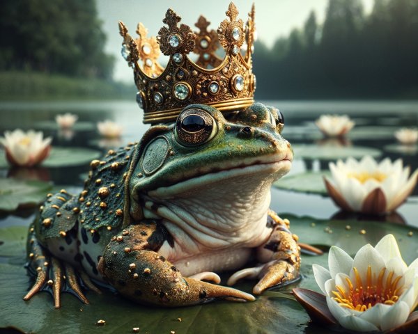Regal Frog on Lily Pad in Serene Pond Setting