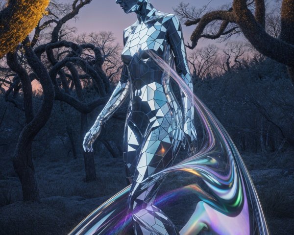 Reflective Humanoid in Ethereal Landscape at Twilight