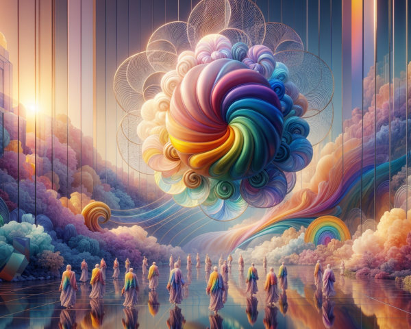 Dreamlike Scene with Multicolored Clouds and Figures