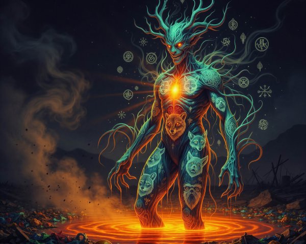 Fantasy Art of a Demonic Creature in Lava Landscape