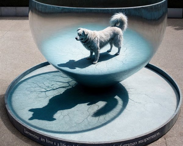 Fluffy Dog in Reflective Bowl with Optical Illusion
