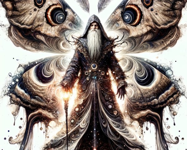 Mystical Figure with Colorful Wings and Staff