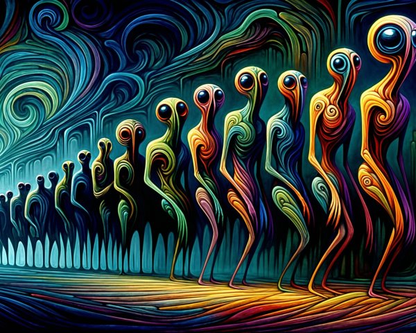 Surreal Abstract Humanoid Figures in Cosmic Scene