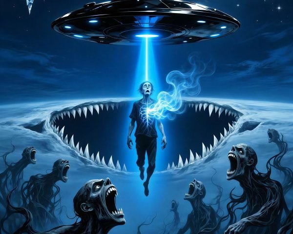 Nighttime Alien Abduction with Flying Saucer and Zombies