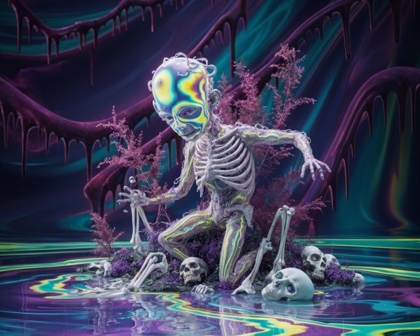 Translucent Skeleton with Colorful Head in Surreal Scene