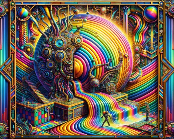 Surreal Scene with Colorful Sphere and Machinery