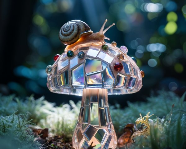 Translucent mushroom lamp with mosaic design in forest