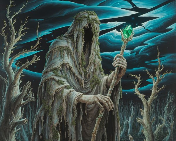 Cloaked Figure in a Shadowy, Desolate Landscape