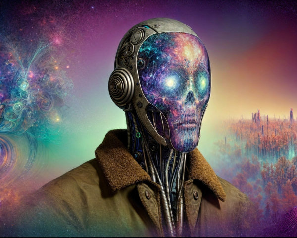 Futuristic Robot with Cosmic Patterns and Nebula Background