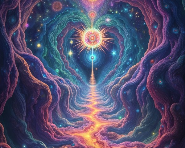 Vibrant Cosmic Heart with Galaxies and Stars