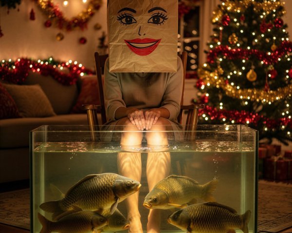 Person in Bag Mask Sits in Chair with Aquarium of Fish
