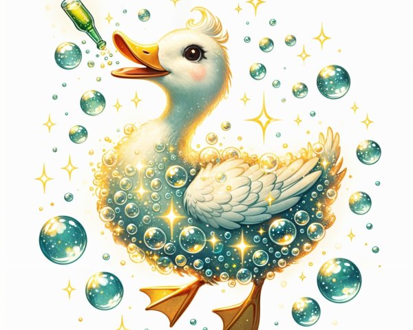 Cartoon Duck Splashing in Iridescent Bubbles