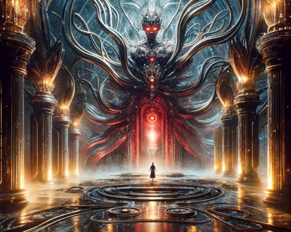 Otherworldly hall with towering columns and a menacing entity