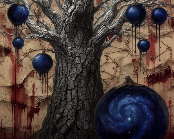 Gnarled Tree with Blue Fruits in Dark Setting
