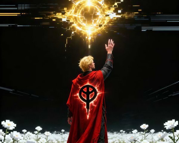 Young man in pixelated field with glowing sun entity