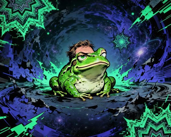 Psychedelic Sci-Fi Illustration of a Green Frog in Space