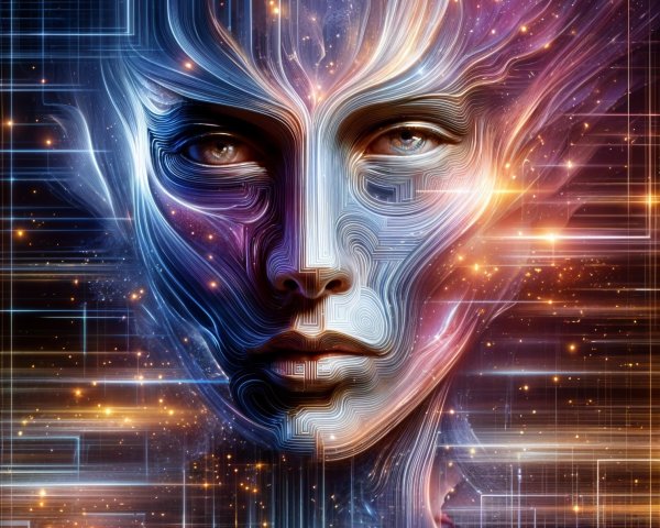 Futuristic Face Merging with Digital Elements and Colors