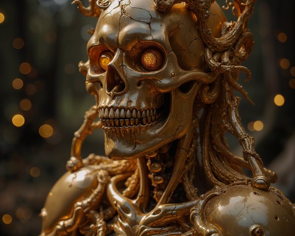 Golden Mechanical Skull in Mystical Forest Setting