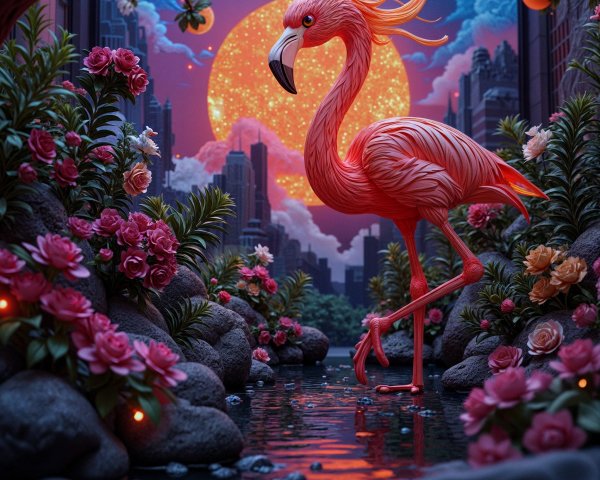 Flamingo in Serene Landscape with Urban Background