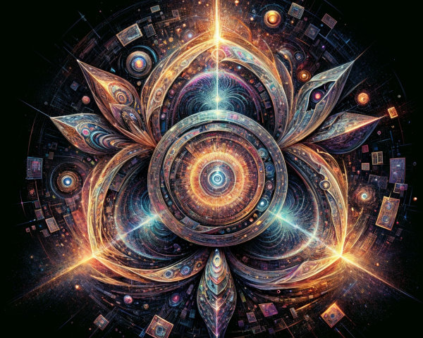 Intricate Cosmic Design with Floral Motif and Stars