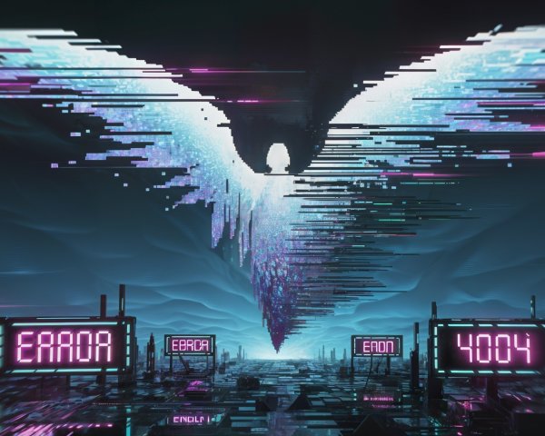 Futuristic Digital Landscape with Angelic Figure