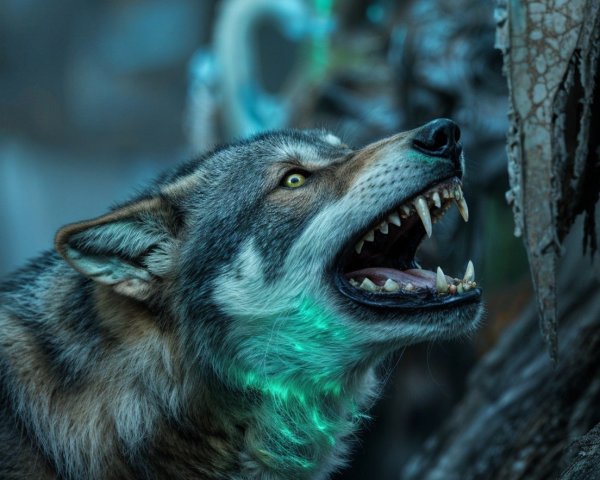 Wolf Staring at Skull in Eerie Green Light