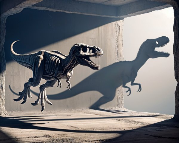 Skeletal T-Rex in a Dimly Lit Surreal Room