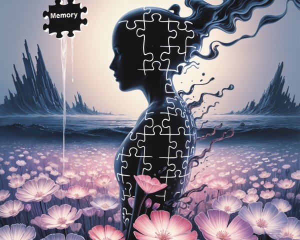 Silhouette in Flower Field with Missing Puzzle Pieces