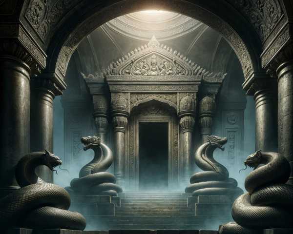 Ancient Temple with Serpent Statues and Carvings