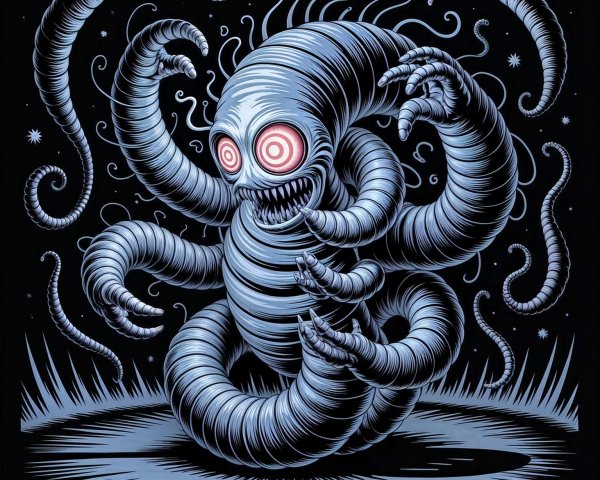Surreal Monstrous Figure with Tentacles and Glowing Eyes