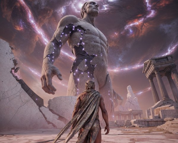 Colossal Statue in Cosmic Landscape with Lone Figure