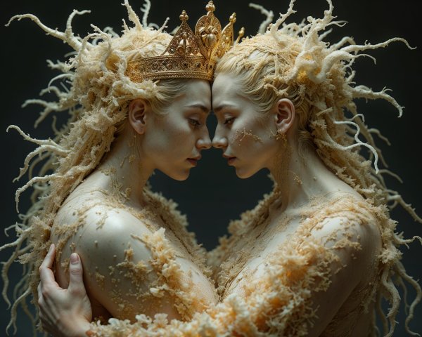Ethereal Figures with Golden Crowns in Dreamlike Setting