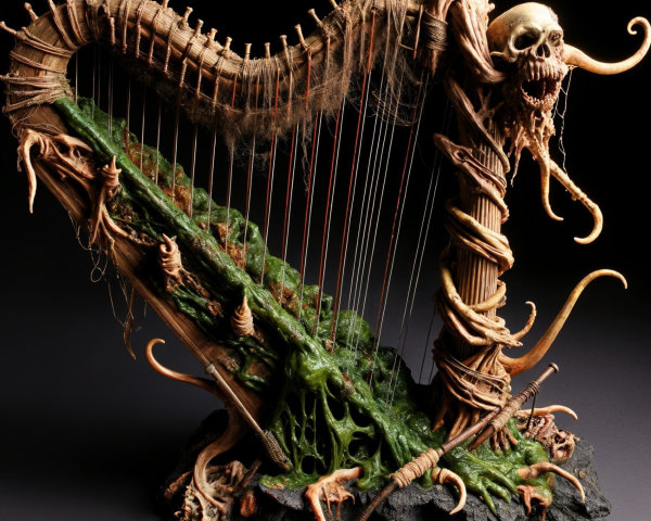 Twisted Harp Design with Eerie Textures and Skull