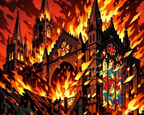 Gothic Cathedral in Flames at Night in Comic Style