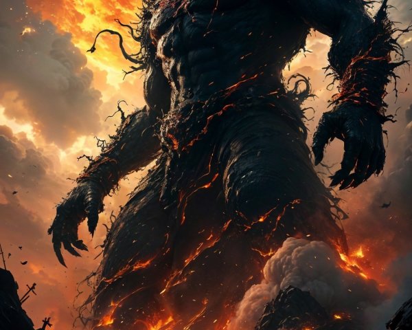 Colossal Fiery Demon in Apocalyptic Landscape