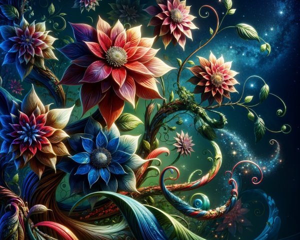 Vibrant Garden with Oversized Flowers and Night Sky