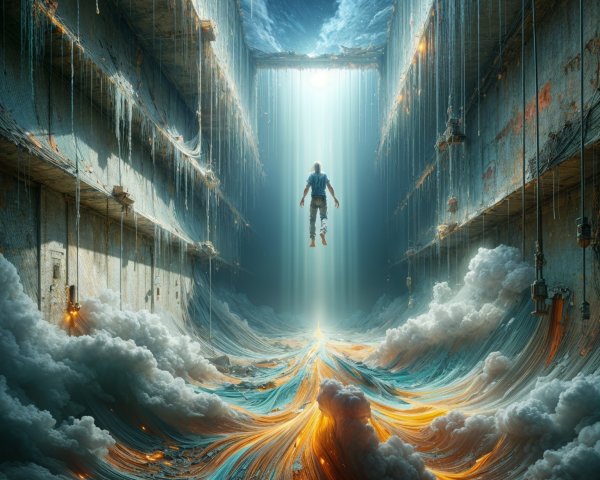 Surreal Landscape with Hovering Figure and Light Streams