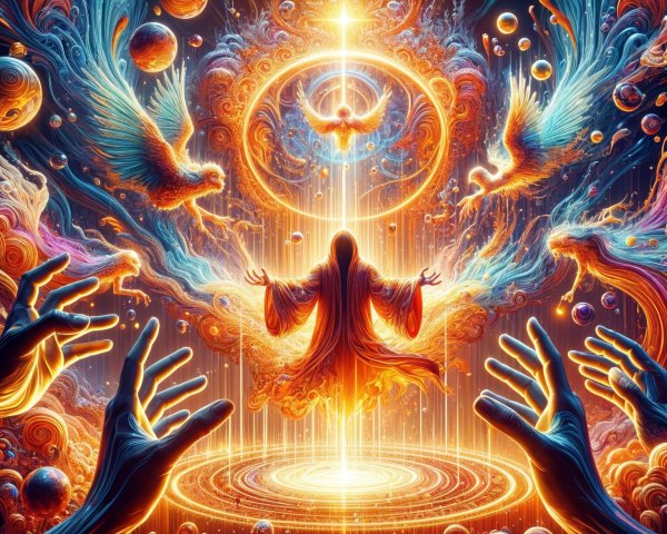 Ethereal Figure in Vibrant Cosmic Scene with Birds