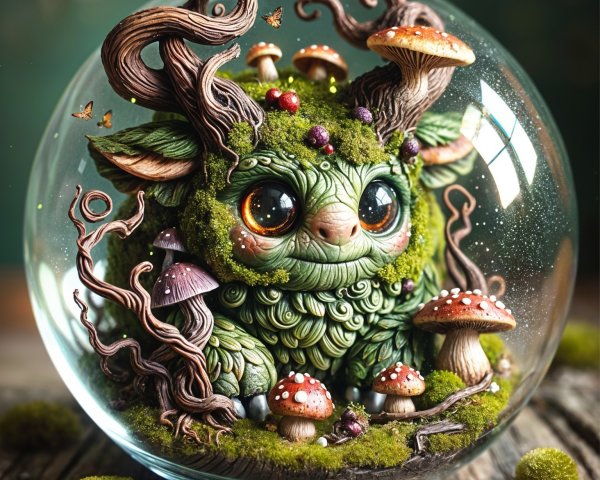 Whimsical Creature in Glass Orb Surrounded by Foliage