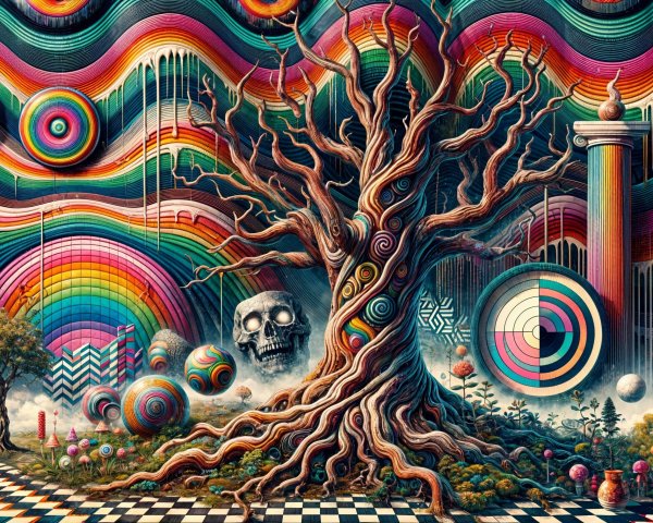Surreal Landscape with Intricate Tree and Colorful Waves