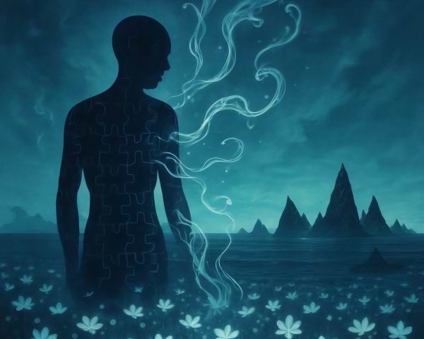 Surreal Digital Painting of Puzzle Figure in Blue Field