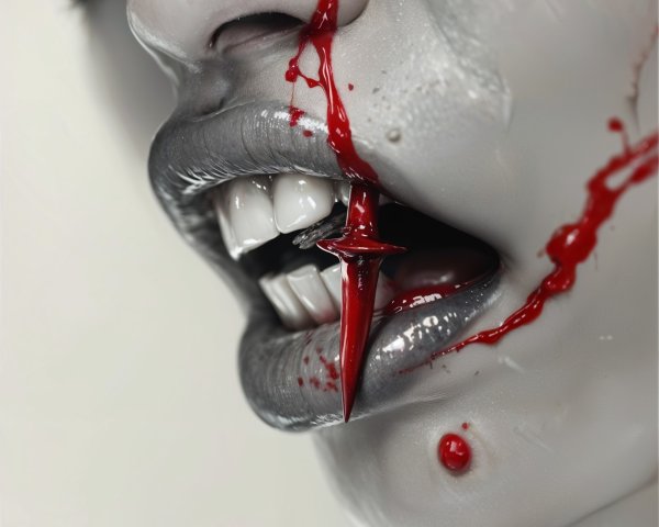 Close-Up of Mouth with Metallic Fangs and Blood