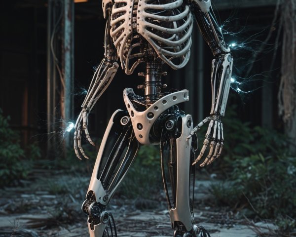 Humanoid Skeleton Robot in Abandoned Space with Nature
