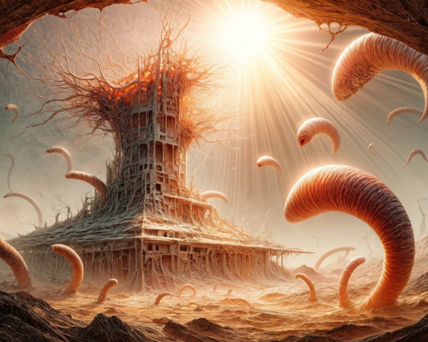 Surreal Landscape with Tower of Twisting Roots