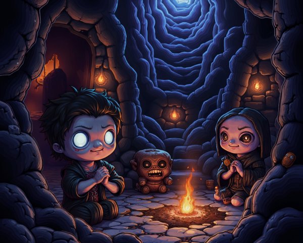 Whimsical Characters Gather Around a Campfire in Cave